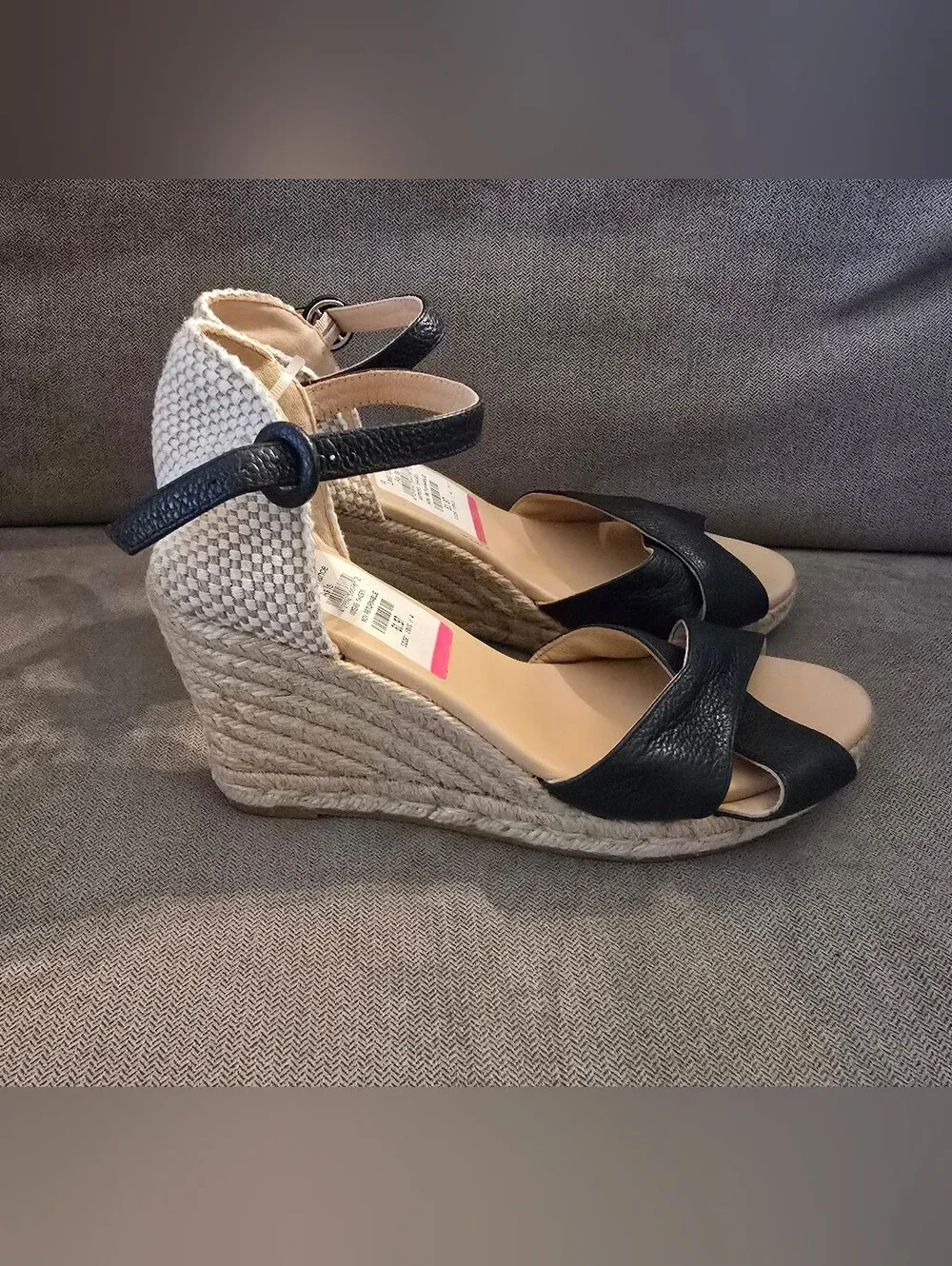 NWOB L.K. Bennett Black and Natural Espadrille Wedge Sandals - EU41
